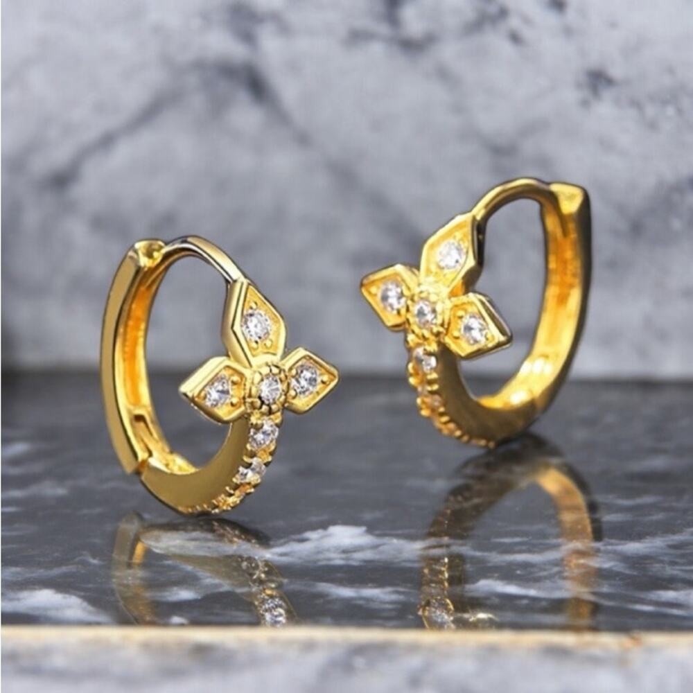 NEW 14K yellow gold pl over sterling silver CZ hoop cross earrings jewelry B5A - Picture 8 of 9